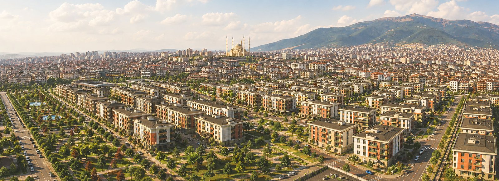 Yeşil alanlar ve konutların bulunduğu panoramik şehir manzarası